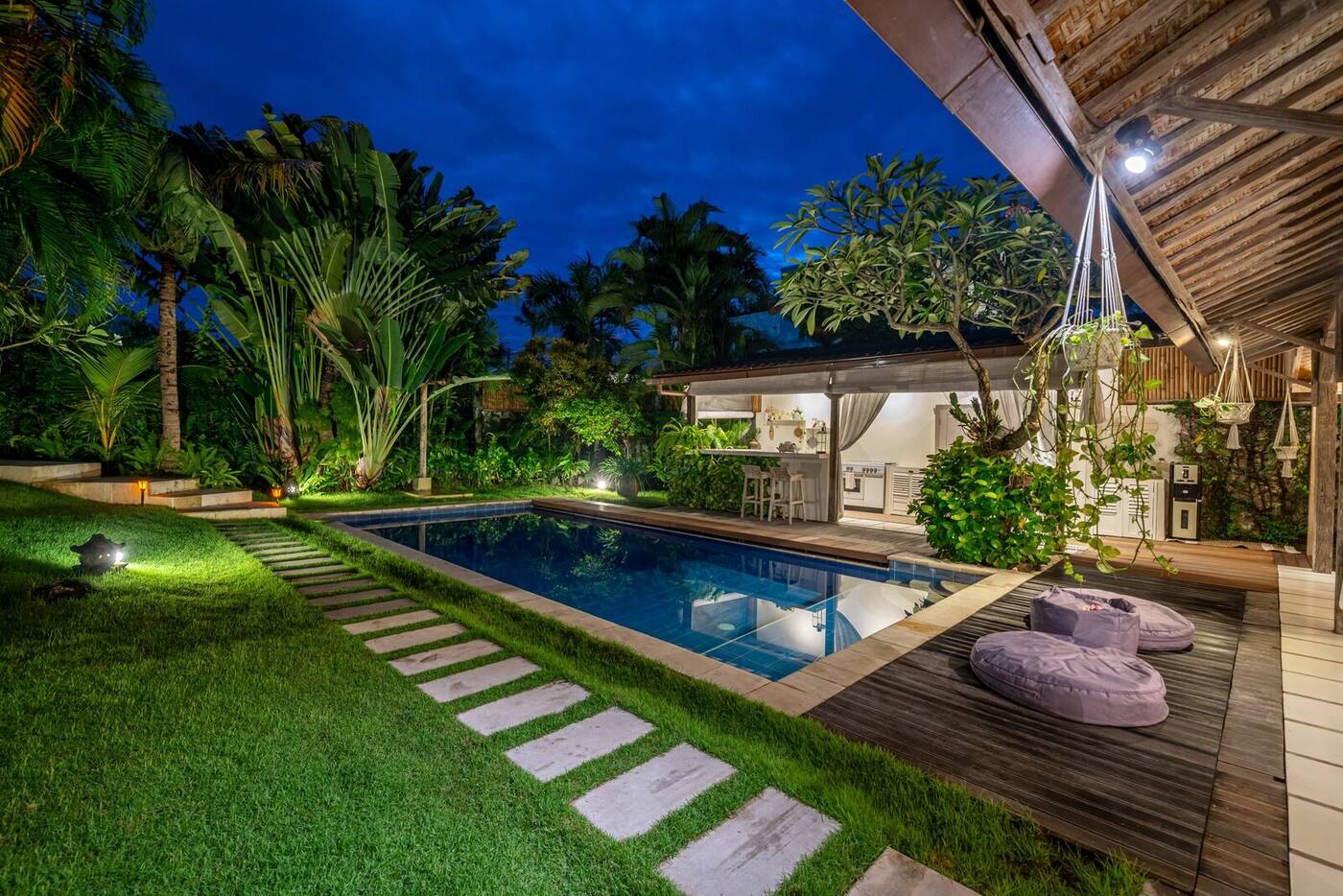 Evening lights over the pool deck, Canggu, Bali